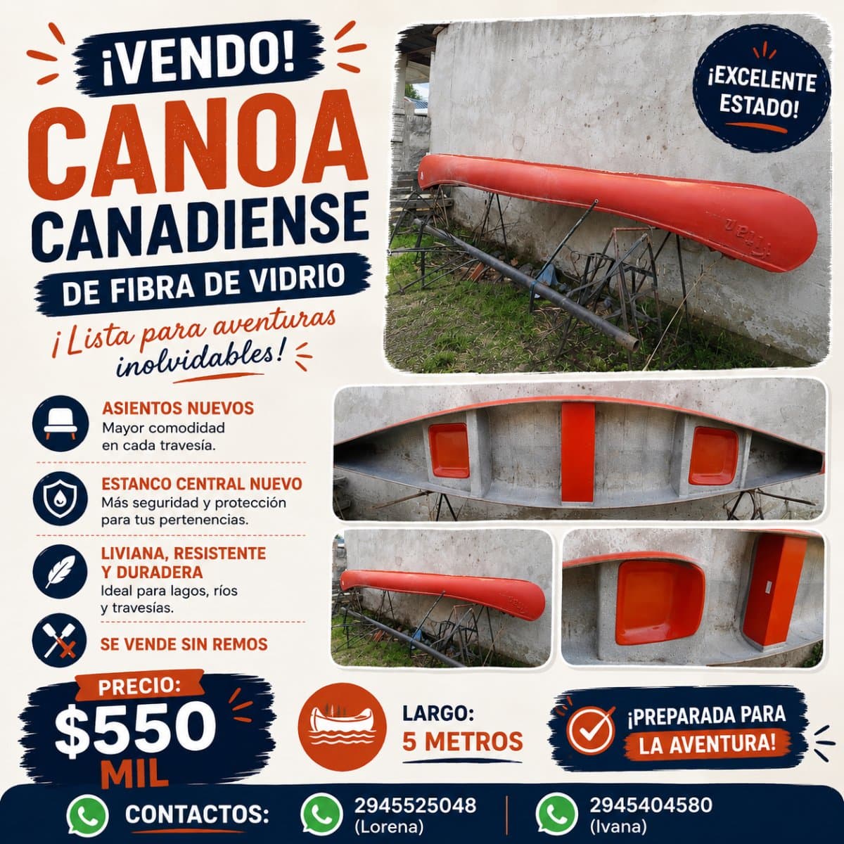 Canoa canadiense fibra vidrio 5 metros