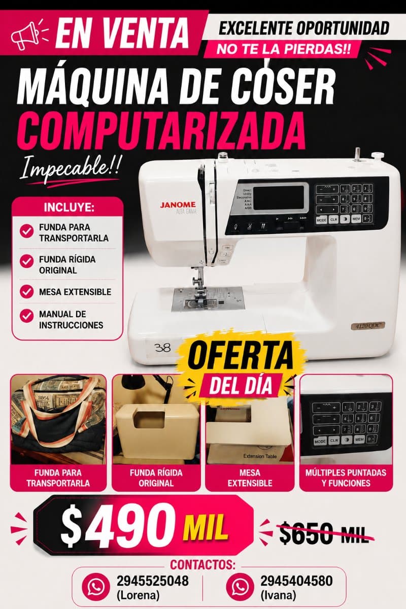 Máquina de coser Janome computarizada impecable