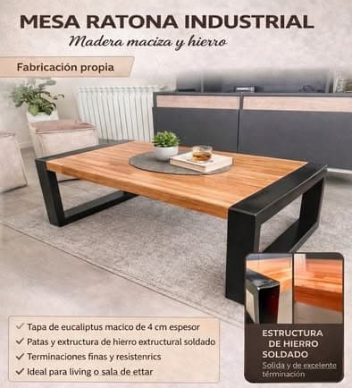 Mesa ratona industrial madera Maciza y Hierro – Eucaliptus 4 cm