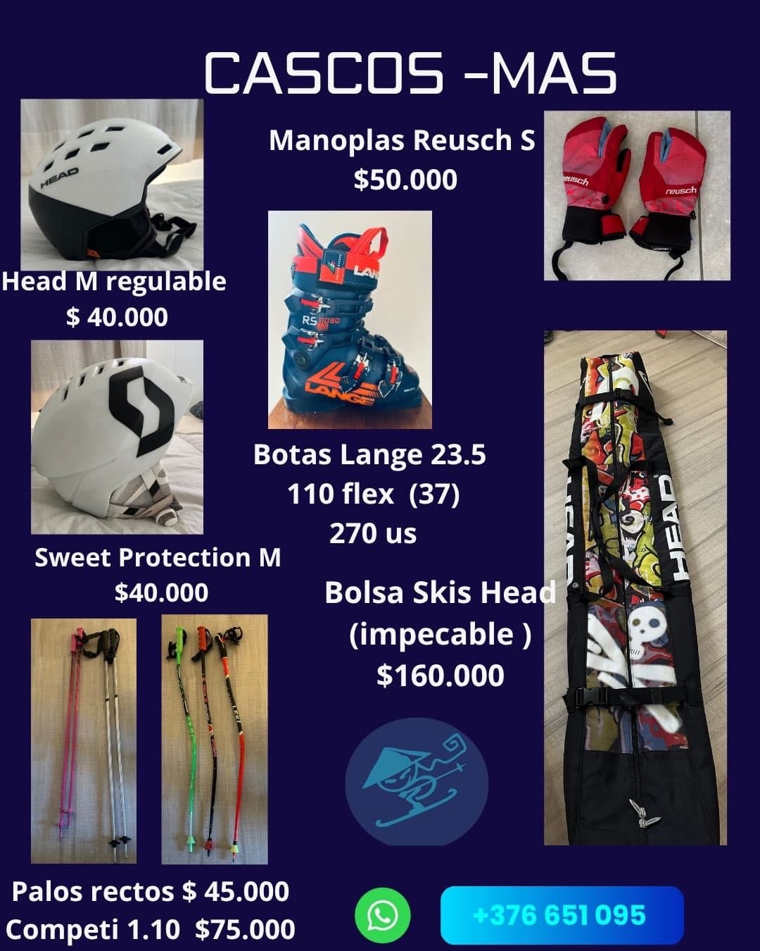 Cascos, botas, manoplas, bastones y bolsas de esqui